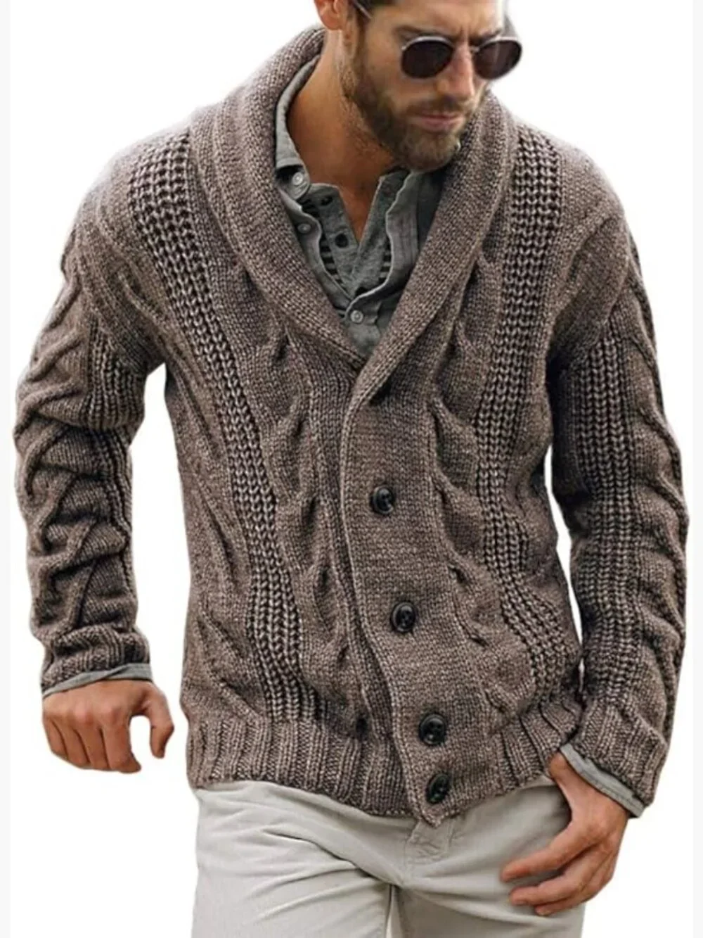 Mens Shawl Collar Cardigan Sweater Cable Knit Button Chunky Long Sleeve Winter